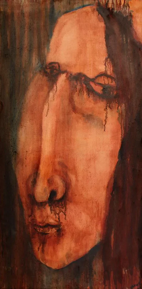 Raskolnikov, the protagonist of Fyodor Dostoevsky’s Crime and Punishment, looks at the viewer with sadness. Reddish earthy tones.