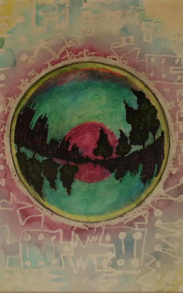 A bubble reflecting a city and wooded landscape in black tones, with a magenta center. The bubble is surrounded by magenta and bluish tones.