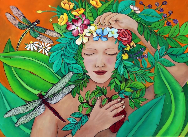 A woman plants a seed in her head with one hand on her heart. Flowers bloom from her head. A symbol of change: planting new ideas. Dragonflies are present.