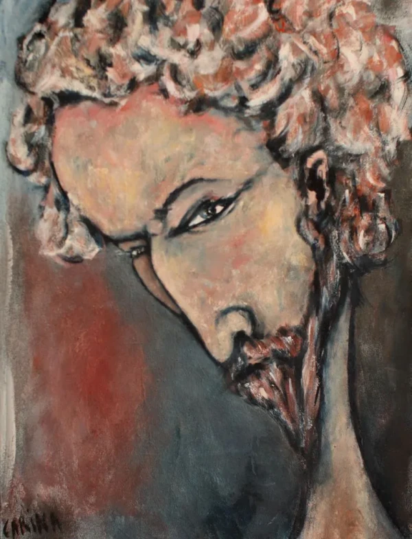 A bearded male face looking at the viewer. Gray and earthy tones.