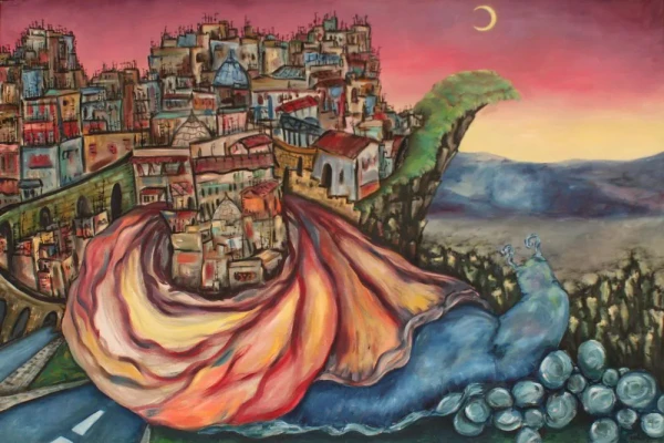 A large blue snail carries the city of Rome on its shell. Earthy orange tones, pink and yellow sky, and a waning moon create a surreal landscape.