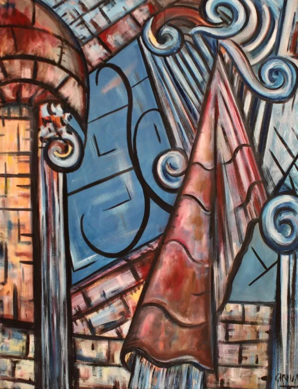 Ancient columns and stones with spiral forms and cobblestones, painted in earthy red and blue tones, evoking ruins, memory and timeless landscapes.