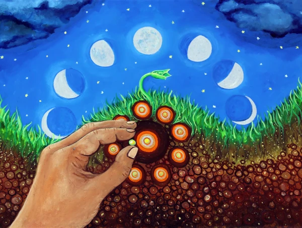A hand plants a seed in the earth surrounded by orange circles, and in the sky the lunar cycles can be seen