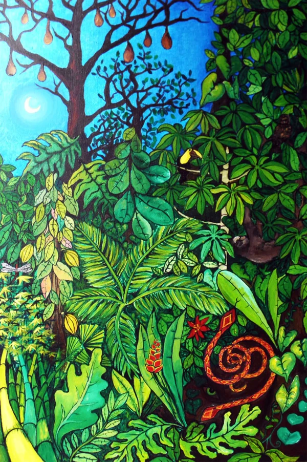 A rainforest at night with cacao, heliconias, bamboo, pejibaye palm, and guarumo. A tree with oropendolas and two intertwined snakes.