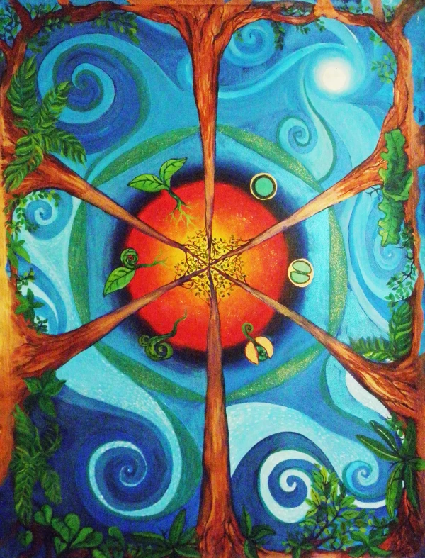 rees arranged from the outside toward the center, beneath a spiraling sky shifting from reds to blues. Between each tree, the cycle of the seed.