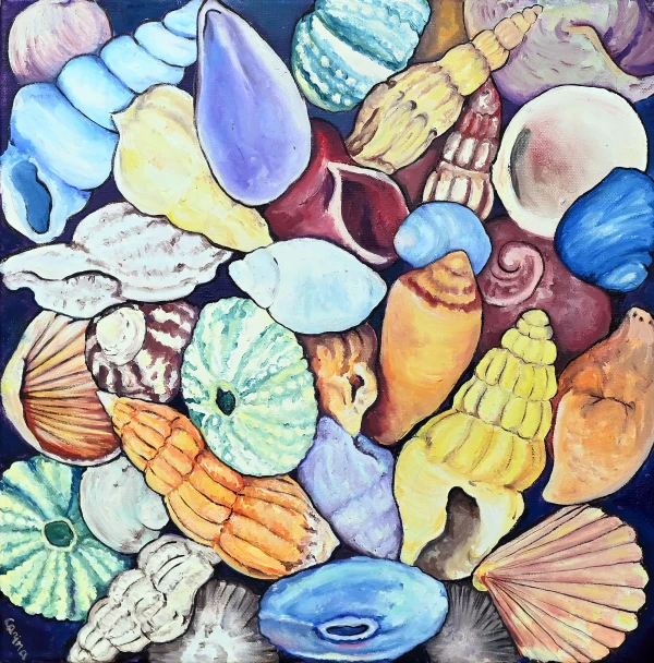 a cluster of colorful seashells