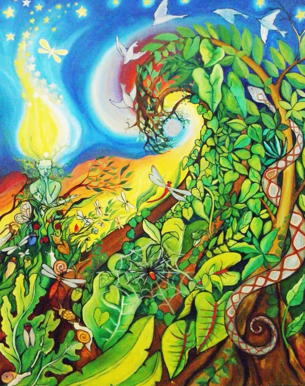Una figura espectral con una mano silencia y la otra muestra la selva que está llena de vida, animales , insectos, serpiente que entrelaza en espiral al cielo