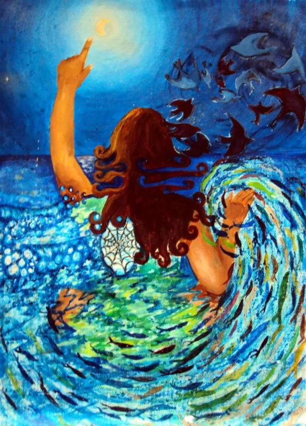 A woman seen from behind points to the moon and touches the sea. In her heart there are webs. Surrounded by fish and, in a spiral, birds rising into the sky.
