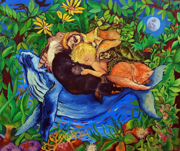 A child sleeps surrounded by animals: a female dog, a cat, an owl, a turtle, and a fox. They are held by a humpback whale. Below, the sea and corals; above, vegetation