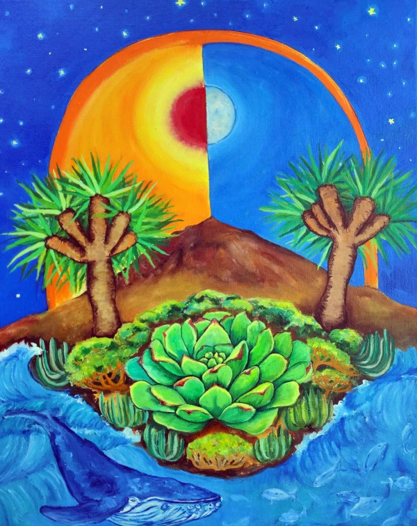 The Teide volcano reigns majestically under the moon and the sun; at the center, a verode and Canarian vegetation, two dragon trees framing it, day and night