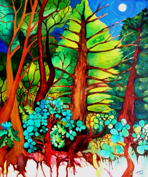 A Californian forest called The Ridge, with trees and understory vegetation, at night.