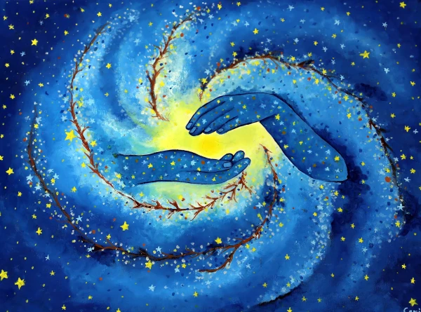 Two hands in the middle of the universe, with light between them, surrounded by spiraling stars