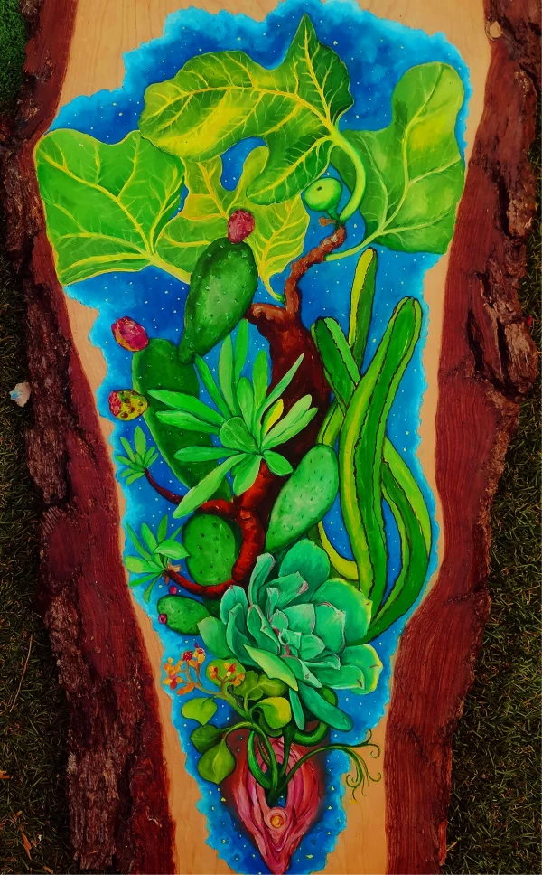 From a vagina emerges Canary Islands vegetation: vinagrera, verode, tabaiba, cardón, prickly pear cacti, and a fig tree, beneath a deep blue night sky.