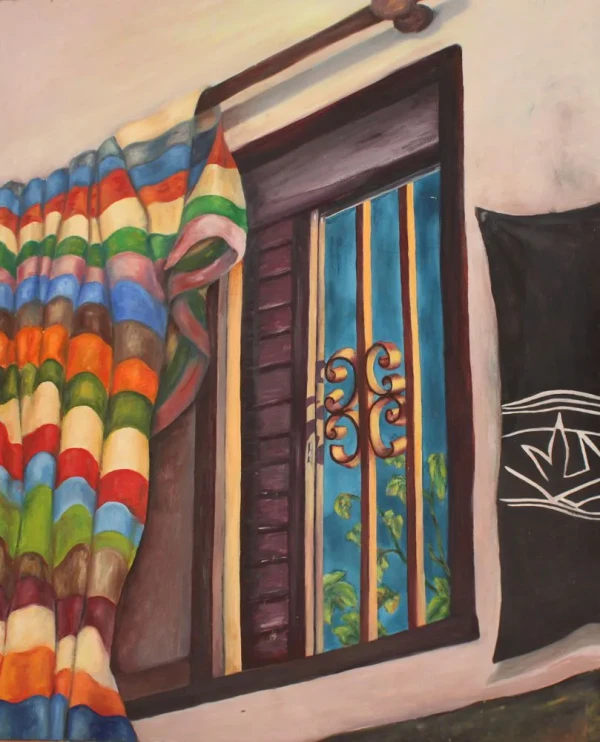 A window in my student house in Santa Cruz with bars and a striped curtain. Outside it is night, and a tree is visible.