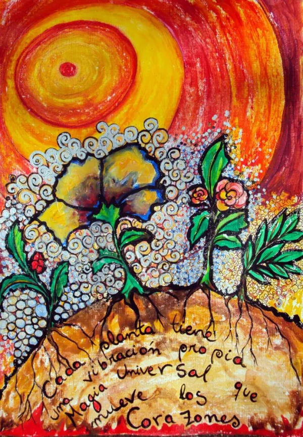 A message: each plant has its own vibration, a universal magic that moves hearts. Plants with silver spirals rising toward an orange sky.