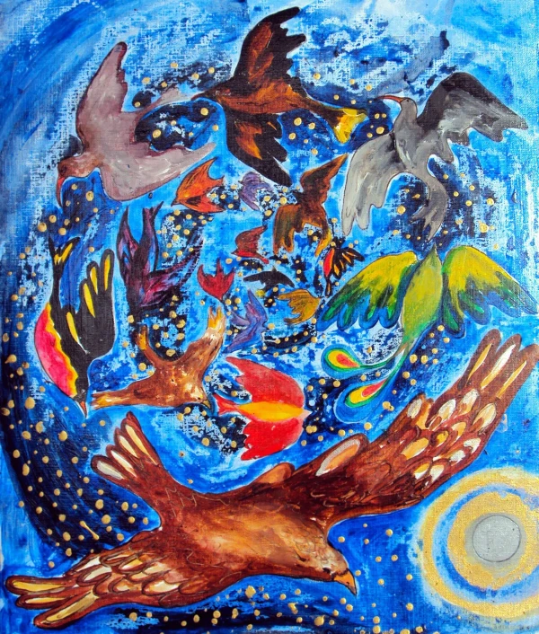 Colorful birds fly in a spiral from the center outward, against a blue background.