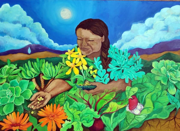 an Indigenous woman, like a mountain, sows a hillside surrounded by vegetation and flowers