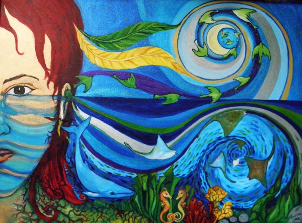 A woman underwater. The sea flows out from her mouth. A seabed with whales and manta rays spiraling around her. Symbolism of a sea goddess for Cubans.