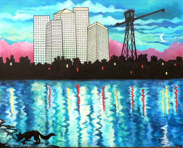 Un paisaje nocturno de Canary Wharf en londres reflejado en el Támesis, en la orilla se ve la silueta de un zorro